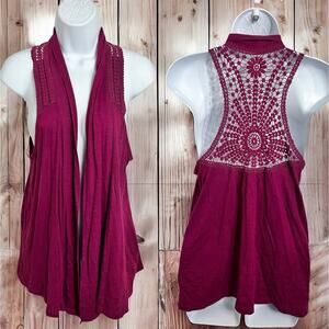 Sonoma Purple Boho Vest Sz M Layering Open Top Long Fit Crochet Back Sleeveless